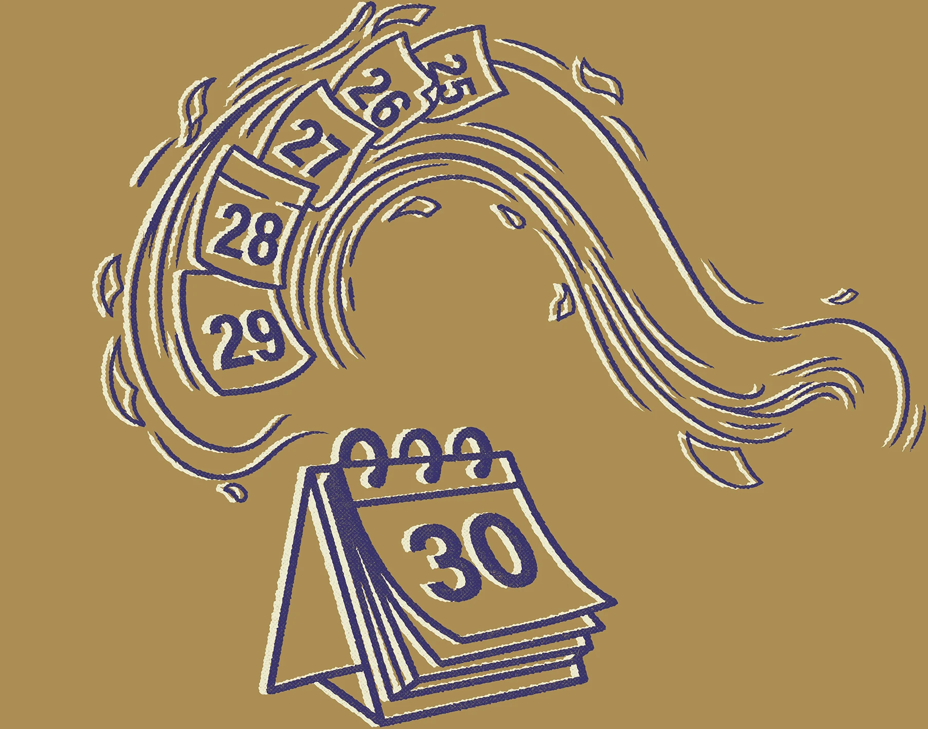 Illustration of 30 day calendar with pages flying off.