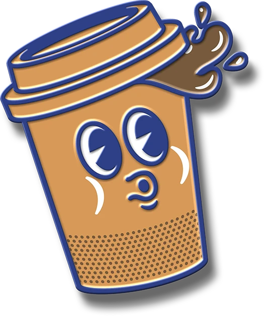 Metal enamel pin of Coffee Box branded coffee cup character.